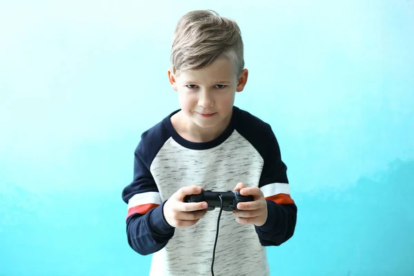 Emotional Boy Playing Video Game Color Background — Stock Photo, Image