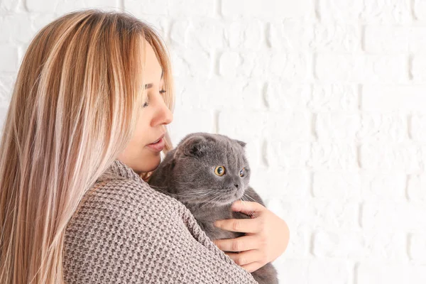 Young Woman Cute Cat Home — Stock Photo, Image