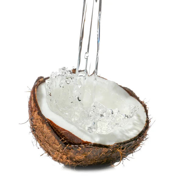 Half Fresh Coconut Water Splash White Background — Stock Photo, Image