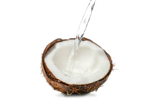 Half Fresh Coconut Water Splash White Background — Stock Photo, Image