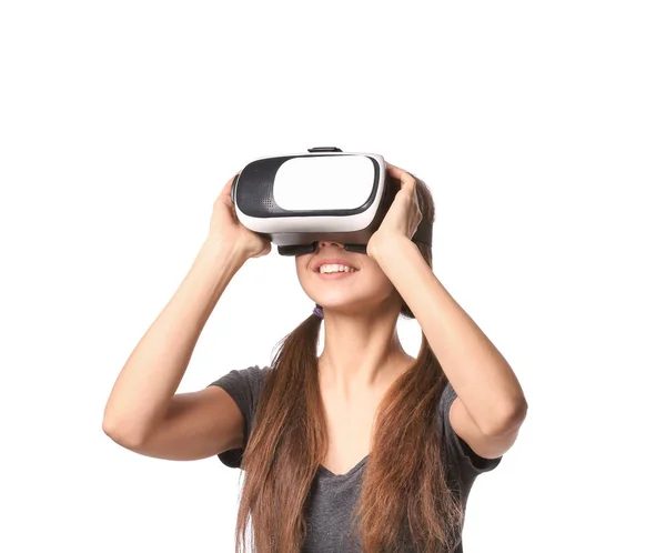 Junge Frau Mit Virtual Reality Brille Auf Weißem Hintergrund — Stockfoto