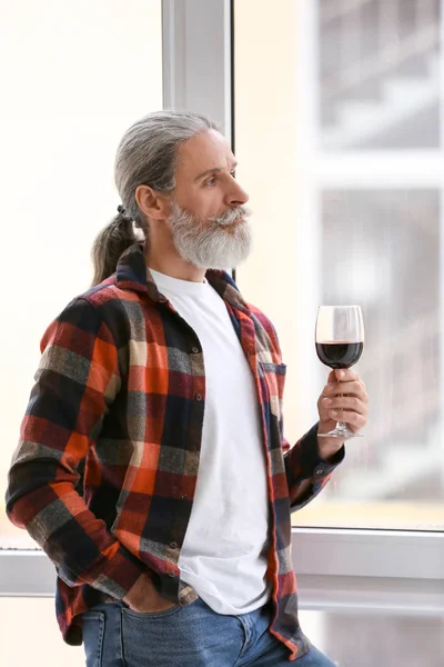 Senior Man Drinking Wine Window Home — Stock Photo, Image