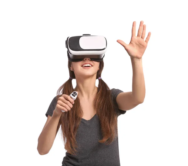 Mujer Joven Con Gafas Realidad Virtual Sobre Fondo Blanco — Foto de Stock