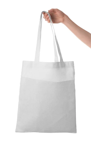 Weibliche Hand Mit Leerer Tasche Zum Branding Auf Weißem Hintergrund — Stockfoto