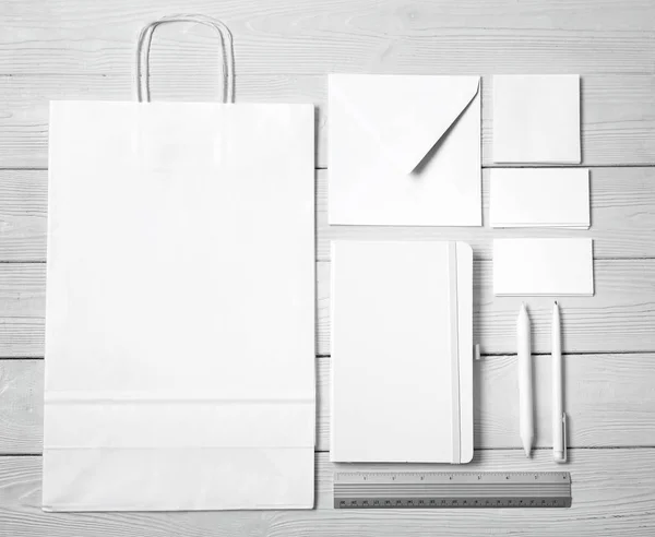 Set Items Branding White Wooden Background — Stock Photo, Image