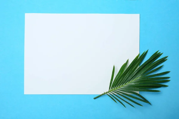 Leeres Blatt Papier Mit Tropischem Blatt Auf Farbigem Hintergrund — Stockfoto