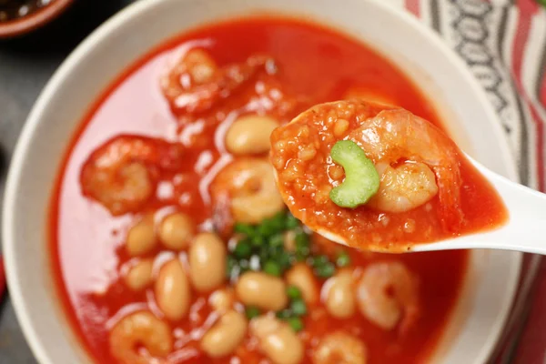 Spoon Tasty Chinese Soup Plate Closeup — Stock Photo, Image