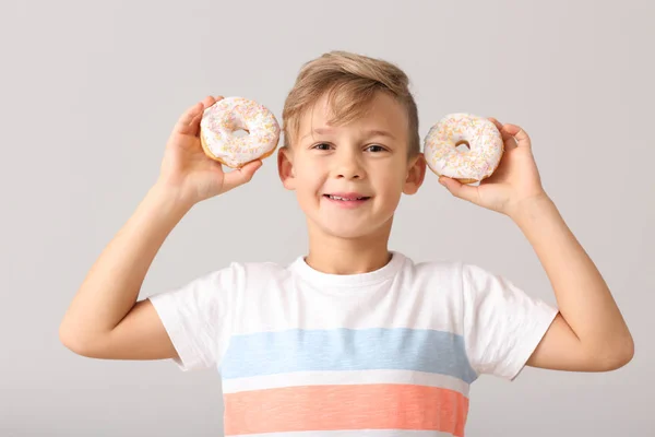 Cute Little Boy Donuts Light Background — Stock Photo, Image