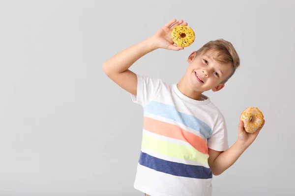 Cute Little Boy Donuts Light Background — Stock Photo, Image