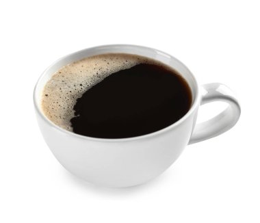 Beyaz arka planda bir fincan sıcak kahve.