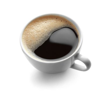 Beyaz arka planda bir fincan sıcak kahve.