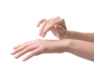 Kadın el kremi beyaz arka plan üzerinde uygulama