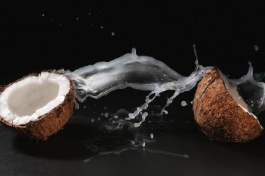 Olgun Hindistan cevizi ve koyu arka plan üzerinde süt fışkırmasını