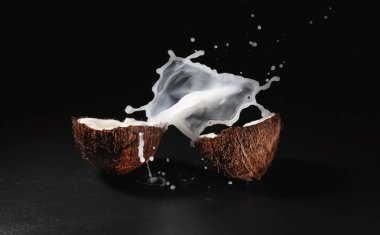Olgun Hindistan cevizi ve koyu arka plan üzerinde süt fışkırmasını