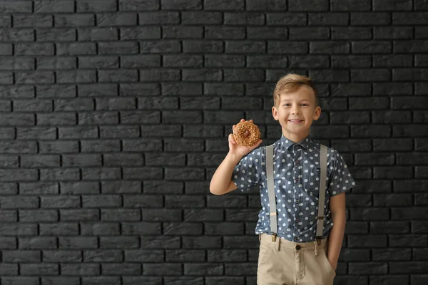 Cute Little Boy Donut Dark Background — Stock Photo, Image