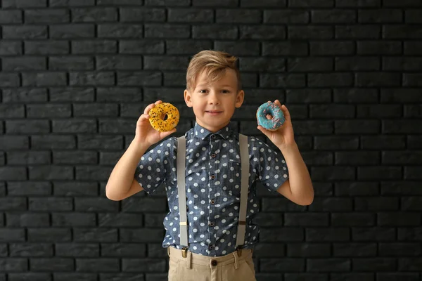 Cute Little Boy Donuts Dark Background — Stock Photo, Image