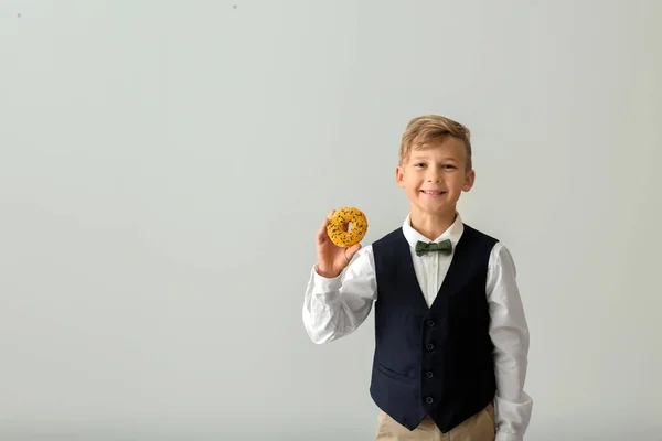 Cute Little Boy Donut Light Background — Stock Photo, Image