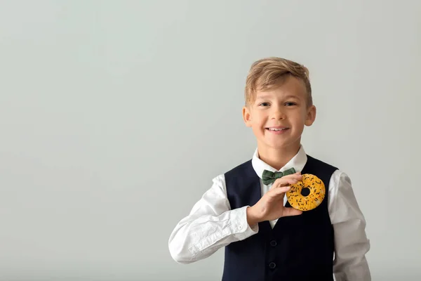 Cute Little Boy Donut Light Background — Stock Photo, Image