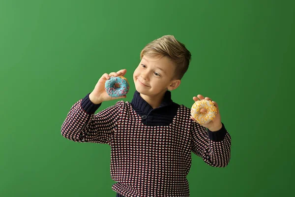 Cute Little Boy Donuts Color Background — Stock Photo, Image