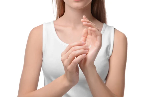 Woman Applying Hand Cream White Background Closeup — Stock Photo, Image