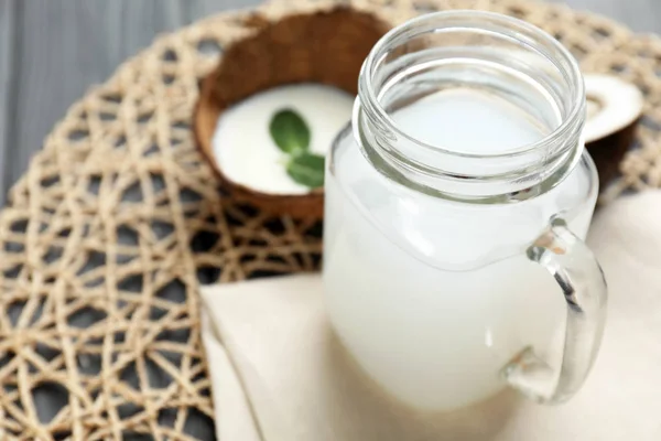 Mason Jar Tasty Coconut Water Table Closeup — Stock Photo, Image