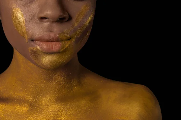 African American Woman Golden Paint Her Body Black Background Closeup — Stock Photo, Image