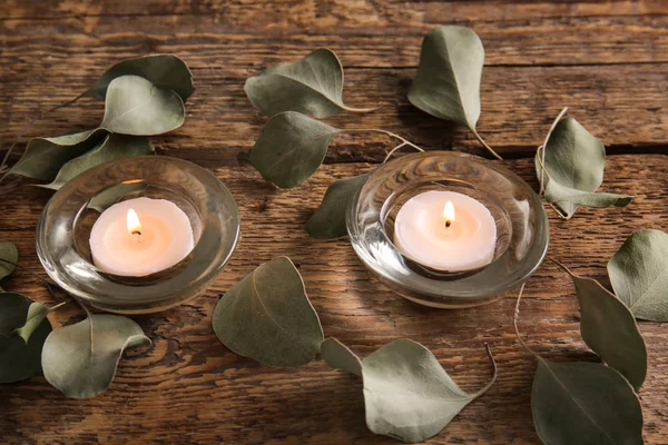 Burning Candles Wooden Table — Stock Photo, Image