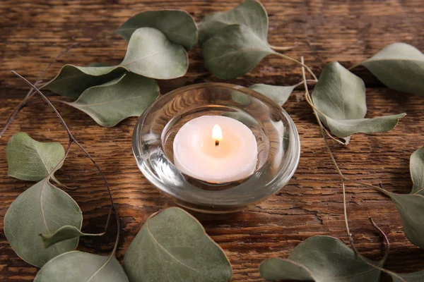 Burning Candle Wooden Table — Stock Photo, Image