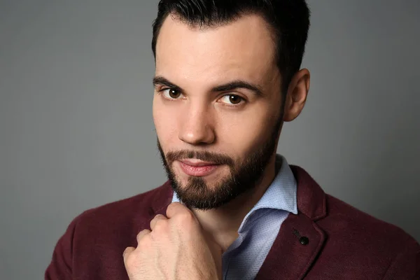 Fashionable Young Man Grey Background — Stock Photo, Image