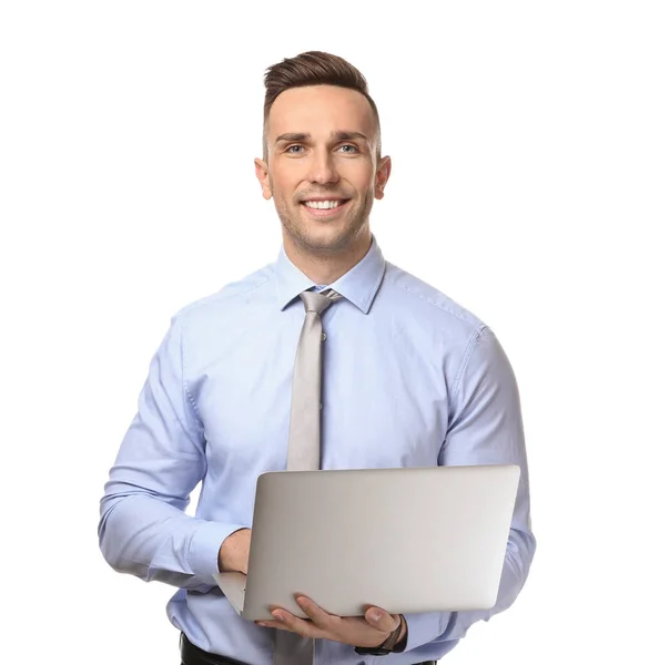 Young Businessman Laptop White Background — Stock Photo, Image