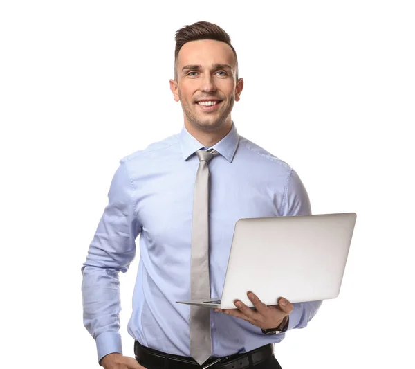 Young Businessman Laptop White Background — Stock Photo, Image