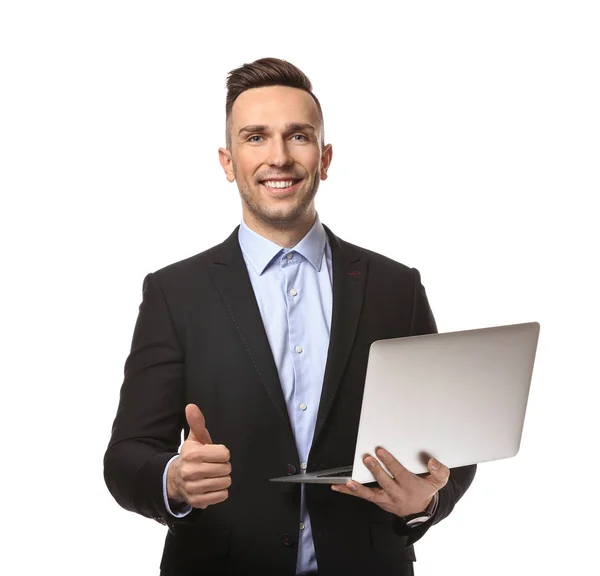 Young Businessman Laptop Showing Thumb White Background — Stock Photo, Image