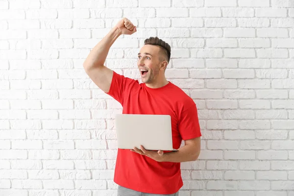 Successful Young Man Laptop White Brick Wall — Stock Photo, Image