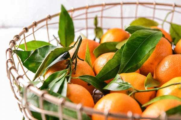 Basket Tasty Tangerines Table Closeup — Stock Photo, Image