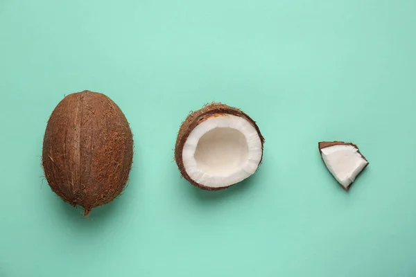 构成与成熟的椰子在颜色背景 — 图库照片