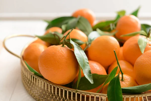 Tasty Tangerines Metal Tray Table Closeup — Stock Photo, Image
