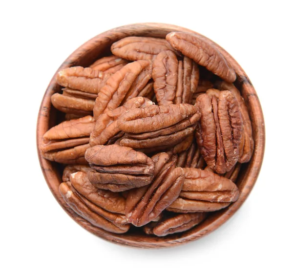 Tigela Com Nozes Pecan Fundo Branco — Fotografia de Stock