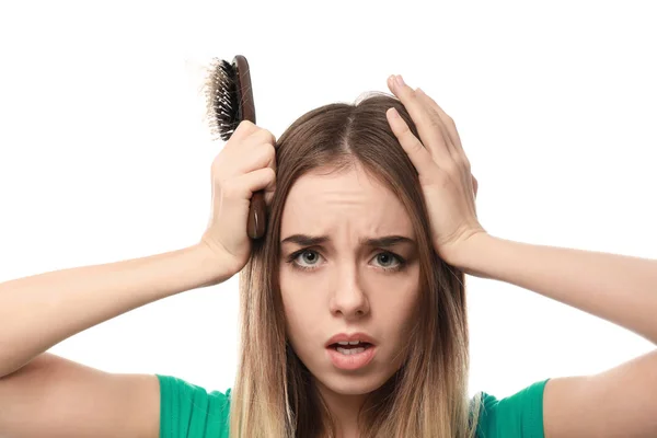Kadın Saç Dökülmesi Sorunu Beyaz Arka Plan Üzerinde Olan — Stok fotoğraf