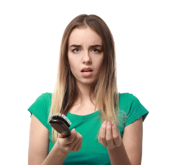 Mujer Con Problemas Pérdida Cabello Sobre Fondo Blanco —  Fotos de Stock