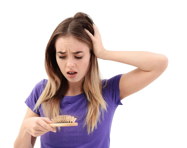 Mujer Con Problemas Pérdida Cabello Sobre Fondo Blanco —  Fotos de Stock