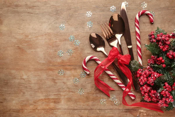 Cutlery Christmas Decor Wooden Table — Stock Photo, Image