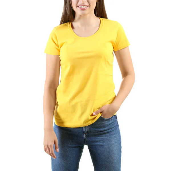 Young Woman Stylish Shirt White Background — Stock Photo, Image