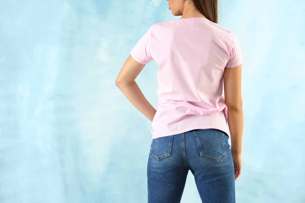 Young Woman Stylish Shirt Light Background Back View — Stock Photo, Image