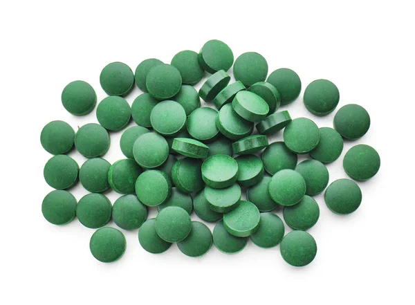 Spirulina Tabletten Witte Achtergrond — Stockfoto