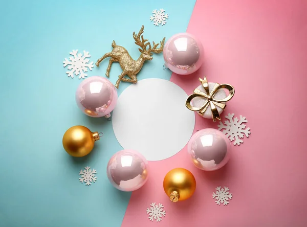 Belles Décorations Noël Avec Carte Vide Sur Fond Couleur — Photo