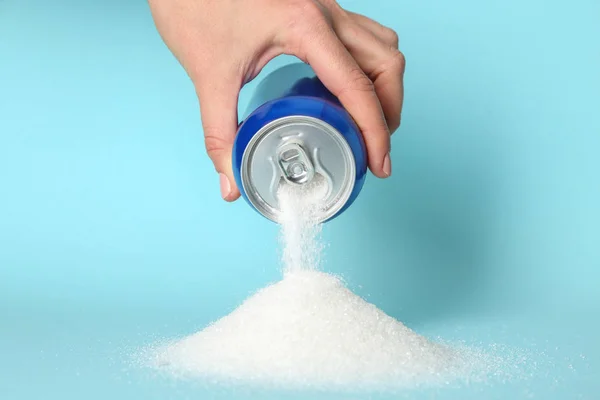 Woman Pouring Sugar Can Color Background — Stock Photo, Image