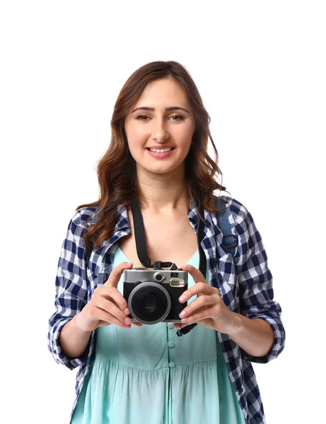 Vrouwelijke Toeristische Met Camera Witte Achtergrond — Stockfoto