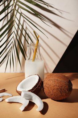 Hindistan cevizi suyu ahşap masa üzerinde şişe