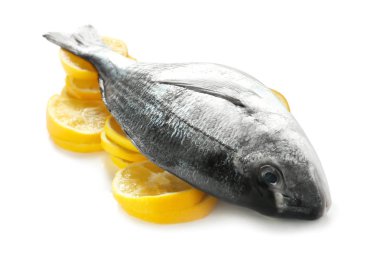 Beyaz arka plan üzerinde limonlu taze dorado balık