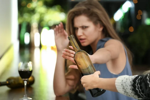 Young Woman Refusing Drink Alcohol Bar — Stock Photo, Image